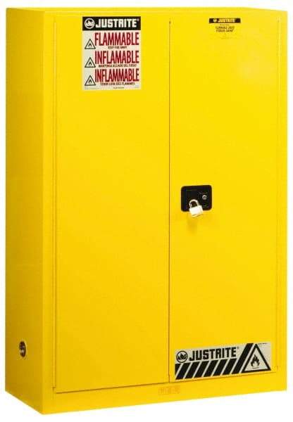 Justrite - 2 Door, 2 Shelf, Yellow Steel Standard Safety Cabinet for Flammable and Combustible Liquids - 65" High x 43" Wide x 18" Deep, Manual Closing Door, 3 Point Key Lock, 45 Gal Capacity - All Tool & Supply