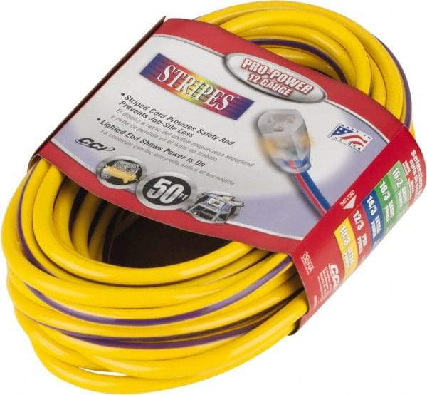 Southwire - 50', 12/3 Gauge/Conductors, Yellow/Purple Outdoor Extension Cord - 1 Receptacle, 15 Amps, 125 VAC, UL SJTW, NEMA 5-15P, 5-15R - All Tool & Supply