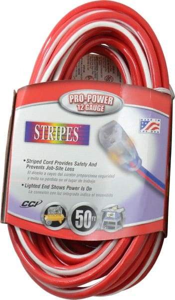 Southwire - 50', 12/3 Gauge/Conductors, Red/White Outdoor Extension Cord - 1 Receptacle, 15 Amps, 125 VAC, UL SJTW, NEMA 5-15P, 5-15R - All Tool & Supply