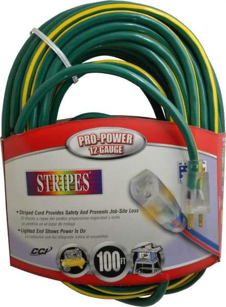 Southwire - 100', 12/3 Gauge/Conductors, Green/Yellow Outdoor Extension Cord - 1 Receptacle, 15 Amps, 125 VAC, UL SJTW, NEMA 5-15P, 5-15R - All Tool & Supply