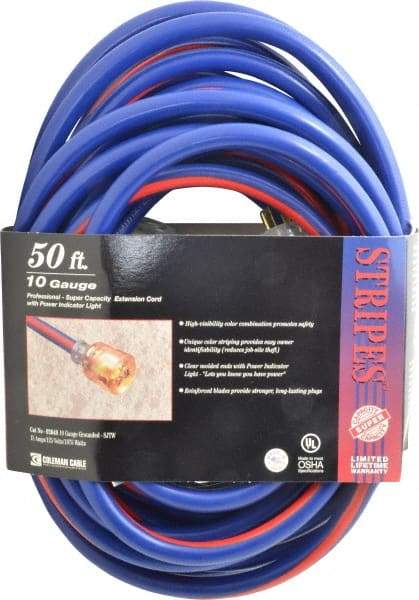 Southwire - 50', 10/3 Gauge/Conductors, Blue/Red Outdoor Extension Cord - 1 Receptacle, 15 Amps, 125 VAC, UL SJTW, NEMA 5-15P, 5-15R - All Tool & Supply