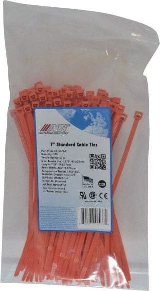 Made in USA - 7.562" Long Orange Nylon Standard Cable Tie - 50 Lb Tensile Strength, 1.32mm Thick, 2" Max Bundle Diam - All Tool & Supply