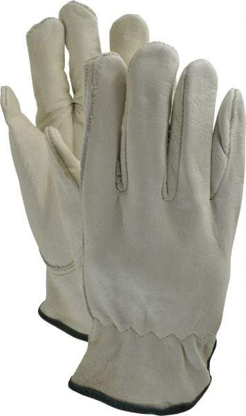 MCR Safety - Size M (8) Grain Cowhide General Protection Work Gloves - For Work & Driver, Uncoated, Slip-On Cuff, Full Fingered, Cream/Green, Paired - All Tool & Supply