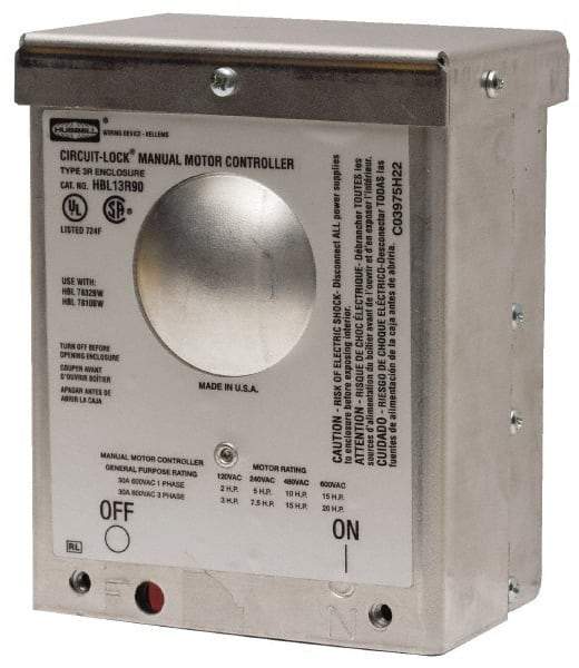 Hubbell Wiring Device-Kellems - 2 Poles, 60 Amp, NEMA, Enclosed Pushbutton Manual Motor Starter - 111.8mm Wide x 83.8mm Deep x 256.8mm High, 15 hp, CSA Certified, NEMA 3R & UL Listed - All Tool & Supply