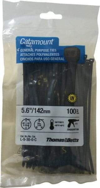 Thomas & Betts - 5.6" Long Black Nylon Standard Cable Tie - 30 Lb Tensile Strength, 1.21mm Thick, 1-1/4" Max Bundle Diam - All Tool & Supply