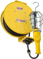 Conductix - 16 AWG, 25' Cable Length, Cord & Cable Reel with Incandescent Hand Lamp End - 1 Outlet, NEMA 5-15R, 10 Amps, 125 Volts, SOOW-A Cable, Yellow Reel, Spring Driven Reel - All Tool & Supply