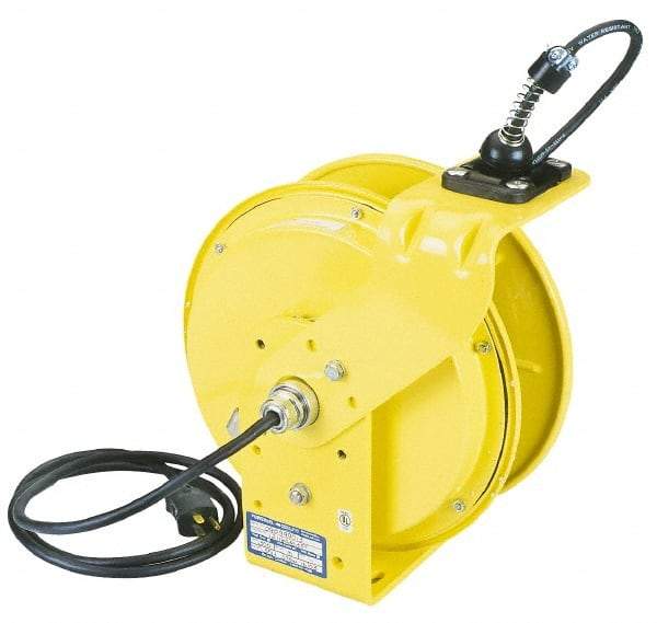 Conductix - 16 AWG, 35' Cable Length, Cord & Cable Reel with Outlet End - 3 Outlets, NEMA 5-15R, 10 Amps, 125 Volts, SOOW-A Cable, Yellow Reel, Spring Driven Reel - All Tool & Supply