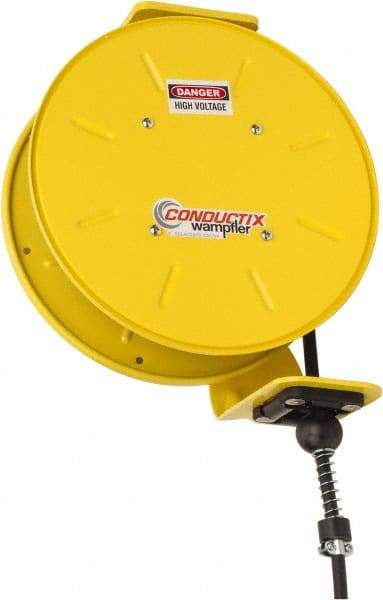 Conductix - 16 AWG, 50' Cable Length, Cord & Cable Reel with Bare End - 3 Outlets, NEMA 5-15R, 10 Amps, 110 Volts, SOOW-A Cable, Yellow Reel, Spring Driven Reel - All Tool & Supply