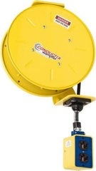 Conductix - 16 AWG, 50' Cable Length, Cord & Cable Reel with Outlet End - 3 Outlets, NEMA 5-15R, 10 Amps, 125 Volts, SOOW-A Cable, Yellow Reel, Spring Driven Reel - All Tool & Supply