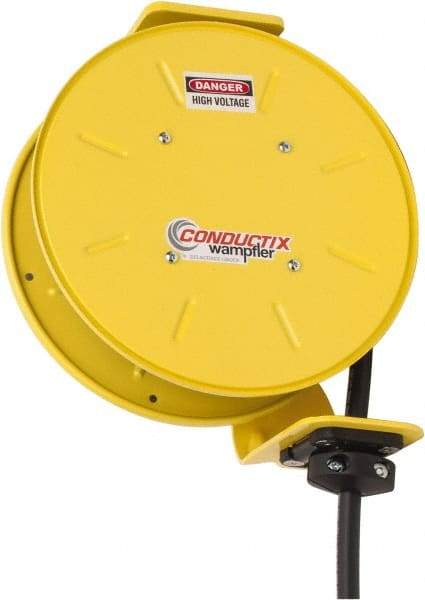 Conductix - 14 AWG, 30' Cable Length, Cord & Cable Reel with Bare End - 3 Outlets, NEMA 5-15R, 15 Amps, SEOW-A Cable, Yellow Reel, Spring Driven Reel - All Tool & Supply