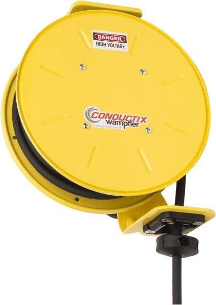 Conductix - 12 AWG, 30' Cable Length, Cord & Cable Reel with Bare End - 3 Outlets, NEMA 5-20R, 20 Amps, SEOW-A Cable, Yellow Reel, Spring Driven Reel - All Tool & Supply