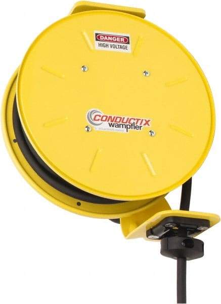 Conductix - 14 AWG, 40' Cable Length, Cord & Cable Reel with Bare End - 3 Outlets, NEMA 5-15R, 15 Amps, SEOW-A Cable, Yellow Reel, Spring Driven Reel - All Tool & Supply