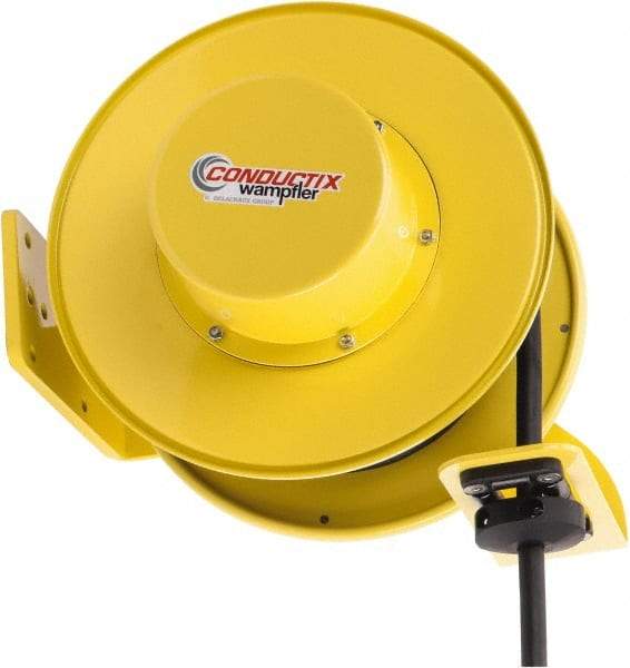 Conductix - 12 AWG, 40' Cable Length, Cord & Cable Reel with Bare End - 3 Outlets, NEMA 5-20R, 20 Amps, SEOW-A Cable, Yellow Reel, Spring Driven Reel - All Tool & Supply