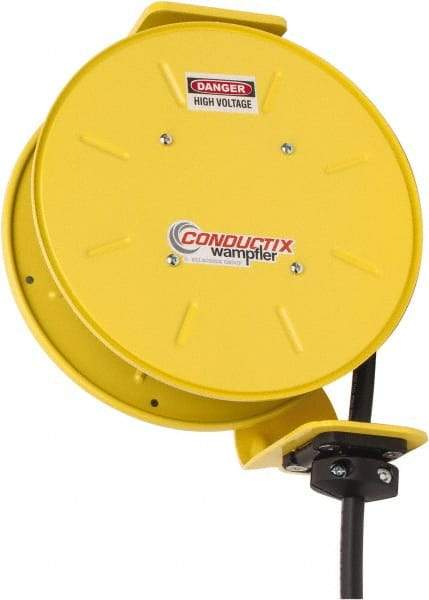 Conductix - 14 AWG, 20' Cable Length, Cord & Cable Reel with Bare End - 4 Outlets, NEMA 5-15R, 12 Amps, SEOW-A Cable, Yellow Reel, Spring Driven Reel - All Tool & Supply