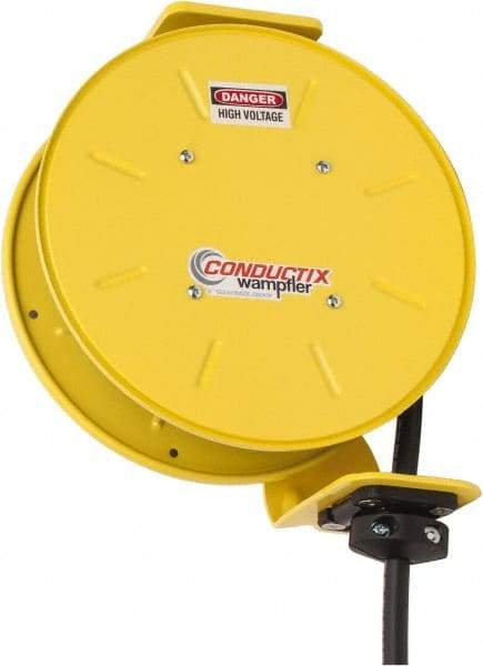 Conductix - 12 AWG, 20' Cable Length, Cord & Cable Reel with Bare End - 4 Outlets, NEMA 5-15R, 16 Amps, SEOW-A Cable, Yellow Reel, Spring Driven Reel - All Tool & Supply