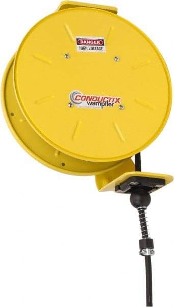 Conductix - 16 AWG, 30' Cable Length, Cord & Cable Reel with Bare End - 4 Outlets, NEMA 5-15R, 8 Amps, SEOW-A Cable, Yellow Reel, Spring Driven Reel - All Tool & Supply