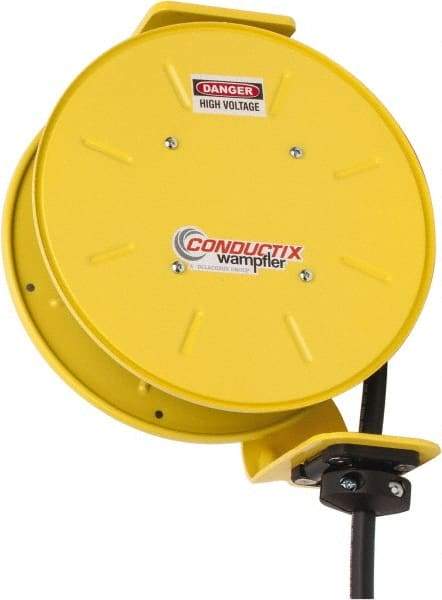 Conductix - 14 AWG, 30' Cable Length, Cord & Cable Reel with Bare End - 4 Outlets, NEMA 5-15R, 12 Amps, SEOW-A Cable, Yellow Reel, Spring Driven Reel - All Tool & Supply