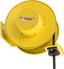 Conductix - 12 AWG, 40' Cable Length, Cord & Cable Reel with Bare End - 4 Outlets, NEMA 5-15R, 16 Amps, SEOW-A Cable, Yellow Reel, Spring Driven Reel - All Tool & Supply