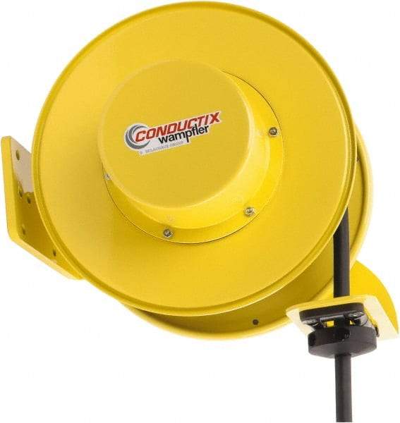 Conductix - 10 AWG, 50' Cable Length, Cord & Cable Reel with Bare End - 4 Outlets, NEMA 5-20R, 20 Amps, SEOW-A Cable, Yellow Reel, Spring Driven Reel - All Tool & Supply