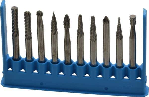 Made in USA - 10 Piece, 1/8" Shank Burr Set - Tungsten Carbide - All Tool & Supply