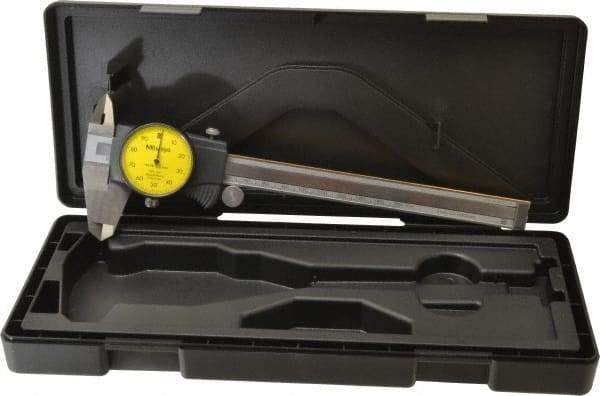 Mitutoyo - 0mm to 150mm Range, 0.01 mm Graduation, 1mm per Revolution, Dial Caliper - Yellow Face, 40mm Jaw Length, Accurate to 0.03mm - All Tool & Supply