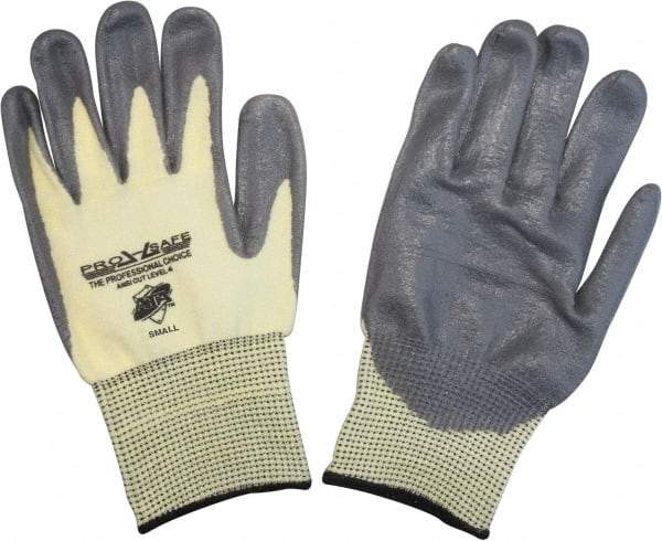 PRO-SAFE - Size S (7), ANSI Cut Lvl 4, Puncture Lvl 2, Abrasion Lvl 3, Polyurethane Coated ATA Cut & Puncture Resistant Gloves - 9.25" Long, Palm & Fingertips Coated, ATA Lining, Knit Wrist, Yellow/Gray, Paired - All Tool & Supply