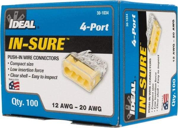 Ideal - 4 Port, 18 to 12 AWG Compatible, Push-In Wire Connector - 0.78" OAL x 0.82" OAW x 0.38" OAH, Yellow - All Tool & Supply