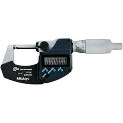 Mitutoyo - 0 to 1" Range, 0.00005" Resolution, Standard Throat IP65 Electronic Outside Micrometer - 0.00005" Accuracy, Ratchet Stop Thimble, Carbide-Tipped Face, SR44 Battery - All Tool & Supply