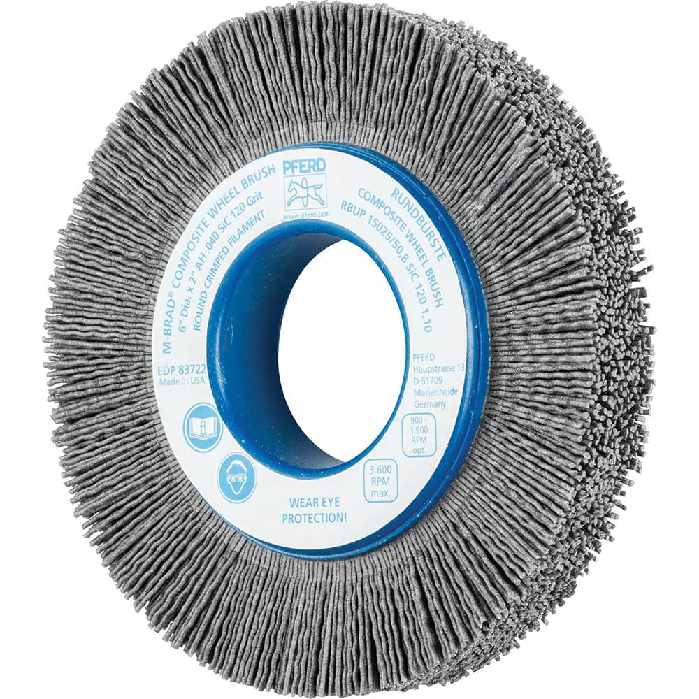 PFERD - Wheel Brushes; Outside Diameter (Inch): 6 ; Wire Type: Crimped; Round ; Fill Material: Nylon; Silicon Carbide ; Trim Length (Inch): 1-1/4 ; Filament Wire Diameter Range: 0.0300 & Above ; Maximum RPM: 3600.000 - Exact Industrial Supply