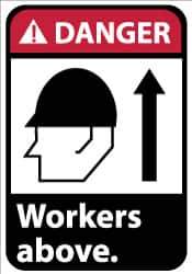 NMC - "Danger - Workers Above", 10" Long x 7" Wide, Pressure-Sensitive Vinyl Safety Sign - Rectangle, 0.004" Thick, Use for Accident Prevention - All Tool & Supply