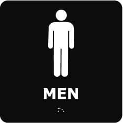 NMC - Men, 8" Wide x 8" High, Plastic Sign - English, Braille, White on Black, Wall Mount - All Tool & Supply