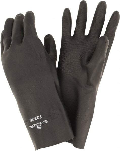 SHOWA - Size XL (10), 13" Long, 24 mil Thick, Supported, Neoprene Chemical Resistant Gloves - Textured Finish, Cotton Lined, ANSI Abrasion Level 2, ANSI Cut Level 1, ANSI Puncture Level 1, Black, FDA Approved - All Tool & Supply