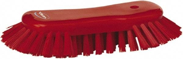 Vikan - 1.3" Bristle Length, Polyester Utility Scrub Brush - 7-3/4" Long x 3" Wide Head, 8" OAL, European Threaded Handle, Red, Polypropylene Block - All Tool & Supply