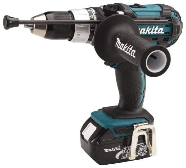 Makita - 18 Volt 1/2" Keyless Chuck Cordless Hammer Drill - 0 to 30,000 BPM, 0 to 400 & 0 to 1,700 RPM, Reversible, Pistol Grip Handle - All Tool & Supply