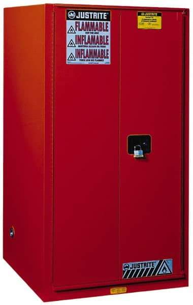 Justrite - 2 Door, 5 Shelf, Red Steel Standard Safety Cabinet for Flammable and Combustible Liquids - 65" High x 34" Wide x 34" Deep, Manual Closing Door, 3 Point Key Lock, 96 Gal Capacity - All Tool & Supply