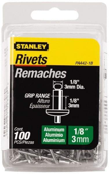 Stanley - Button Head Aluminum Color Coded Blind Rivet - Aluminum Mandrel, 0.062" to 1/8" Grip, 1/4" Head Diam, 0.125" to 0.133" Hole Diam, 0.275" Length Under Head, 1/8" Body Diam - All Tool & Supply