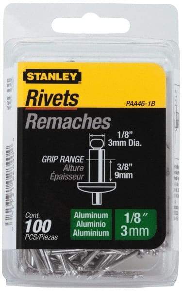 Stanley - Aluminum Color Coded Blind Rivet - Aluminum Mandrel, 0.313" to 3/8" Grip, 1/4" Head Diam, 0.125" to 0.133" Hole Diam, 0.525" Length Under Head, 1/8" Body Diam - All Tool & Supply