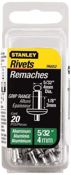 Stanley - Aluminum Color Coded Blind Rivet - Aluminum Mandrel, 0.031" to 1/8" Grip, 5/16" Head Diam, 0.156" to 0.164" Hole Diam, 0.3" Length Under Head, 5/32" Body Diam - All Tool & Supply