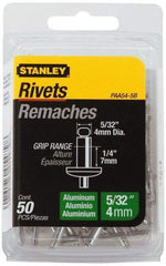 Stanley - Aluminum Color Coded Blind Rivet - Aluminum Mandrel, 0.188" to 1/4" Grip, 5/16" Head Diam, 0.156" to 0.164" Hole Diam, 0.425" Length Under Head, 5/32" Body Diam - All Tool & Supply