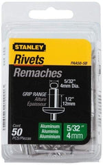 Stanley - Aluminum Color Coded Blind Rivet - Aluminum Mandrel, 3/8" to 1/2" Grip, 5/16" Head Diam, 0.156" to 0.164" Hole Diam, 0.675" Length Under Head, 5/32" Body Diam - All Tool & Supply