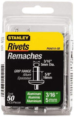 Stanley - Aluminum Color Coded Blind Rivet - Aluminum Mandrel, 1/2" to 5/8" Grip, 3/8" Head Diam, 0.188" to 0.196" Hole Diam, 0.825" Length Under Head, 3/16" Body Diam - All Tool & Supply