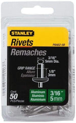 Stanley - Aluminum Color Coded Blind Rivet - Aluminum Mandrel, 0.032" to 1/8" Grip, 3/8" Head Diam, 0.188" to 0.196" Hole Diam, 0.325" Length Under Head, 3/16" Body Diam - All Tool & Supply