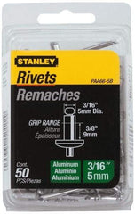 Stanley - Aluminum Color Coded Blind Rivet - Aluminum Mandrel, 0.313" to 3/8" Grip, 3/8" Head Diam, 0.188" to 0.196" Hole Diam, 0.575" Length Under Head, 3/16" Body Diam - All Tool & Supply