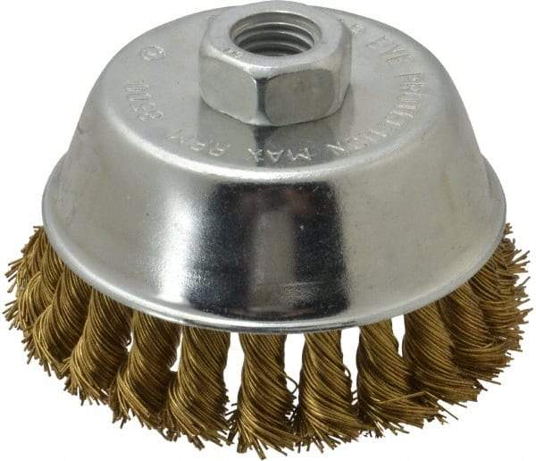 Value Collection - 4" Diam, 5/8-11 Threaded Arbor, Brass Fill Cup Brush - 0.02 Wire Diam, 7/8" Trim Length, 8,500 Max RPM - All Tool & Supply