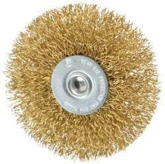 Value Collection - 3" OD, 1/4" Shank Diam, Crimped Brass Wheel Brush - 3/8" Face Width, 7/8" Trim Length, 0.014" Filament Diam, 20,000 RPM - All Tool & Supply