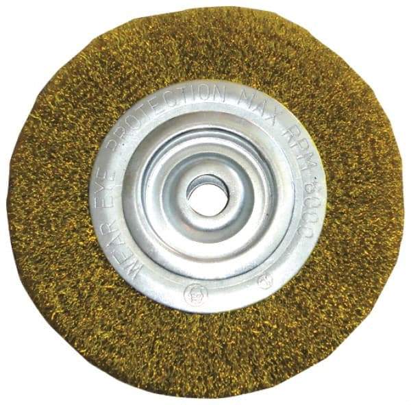 Value Collection - 8" OD, 2" Arbor Hole, Crimped Brass Wheel Brush - 1" Face Width, 1-3/4" Trim Length, 0.006" Filament Diam, 6,000 RPM - All Tool & Supply