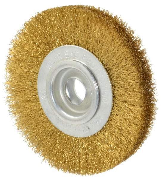 Value Collection - 4" OD, 5/8" Arbor Hole, Crimped Brass Wheel Brush - 1/2" Face Width, 5/8" Trim Length, 0.008" Filament Diam, 6,000 RPM - All Tool & Supply