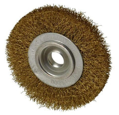 Value Collection - 4" OD, 5/8" Arbor Hole, Crimped Brass Wheel Brush - 1/2" Face Width, 5/8" Trim Length, 0.014" Filament Diam, 6,000 RPM - All Tool & Supply