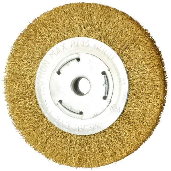 Value Collection - 6" OD, 5/8" Arbor Hole, Crimped Brass Wheel Brush - 1" Face Width, 1-1/8" Trim Length, 0.014" Filament Diam, 6,000 RPM - All Tool & Supply