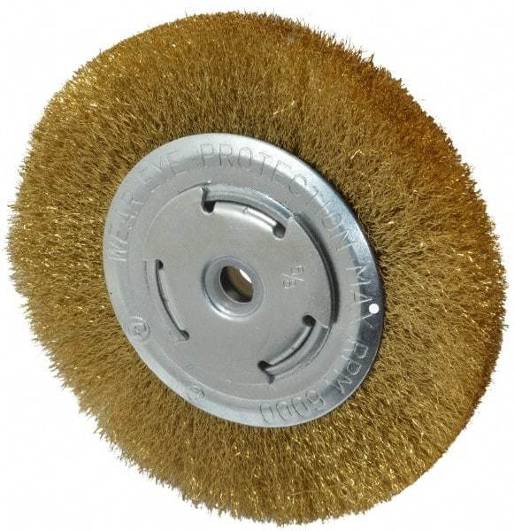 Value Collection - 6" OD, 5/8" Arbor Hole, Crimped Brass Wheel Brush - 1/2" Face Width, 1-1/8" Trim Length, 0.008" Filament Diam, 6,000 RPM - All Tool & Supply